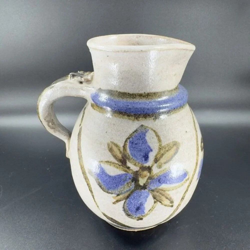 Hand Made Stoneware‎ Pottery Pitcher Carafe Hand Painted Blue Flowers Vintage